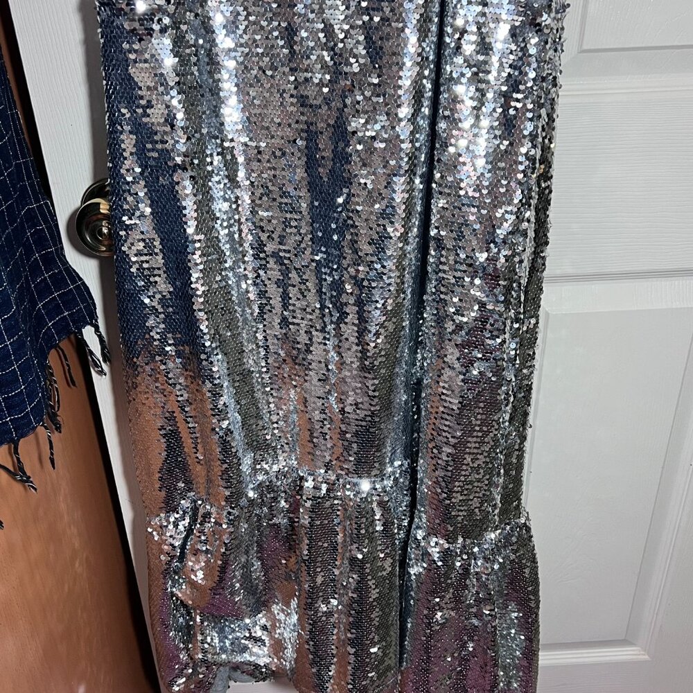 Anthropologie Maeve Asymmetrical Silver Sequin Maxi Dress - Picture 3 of 6